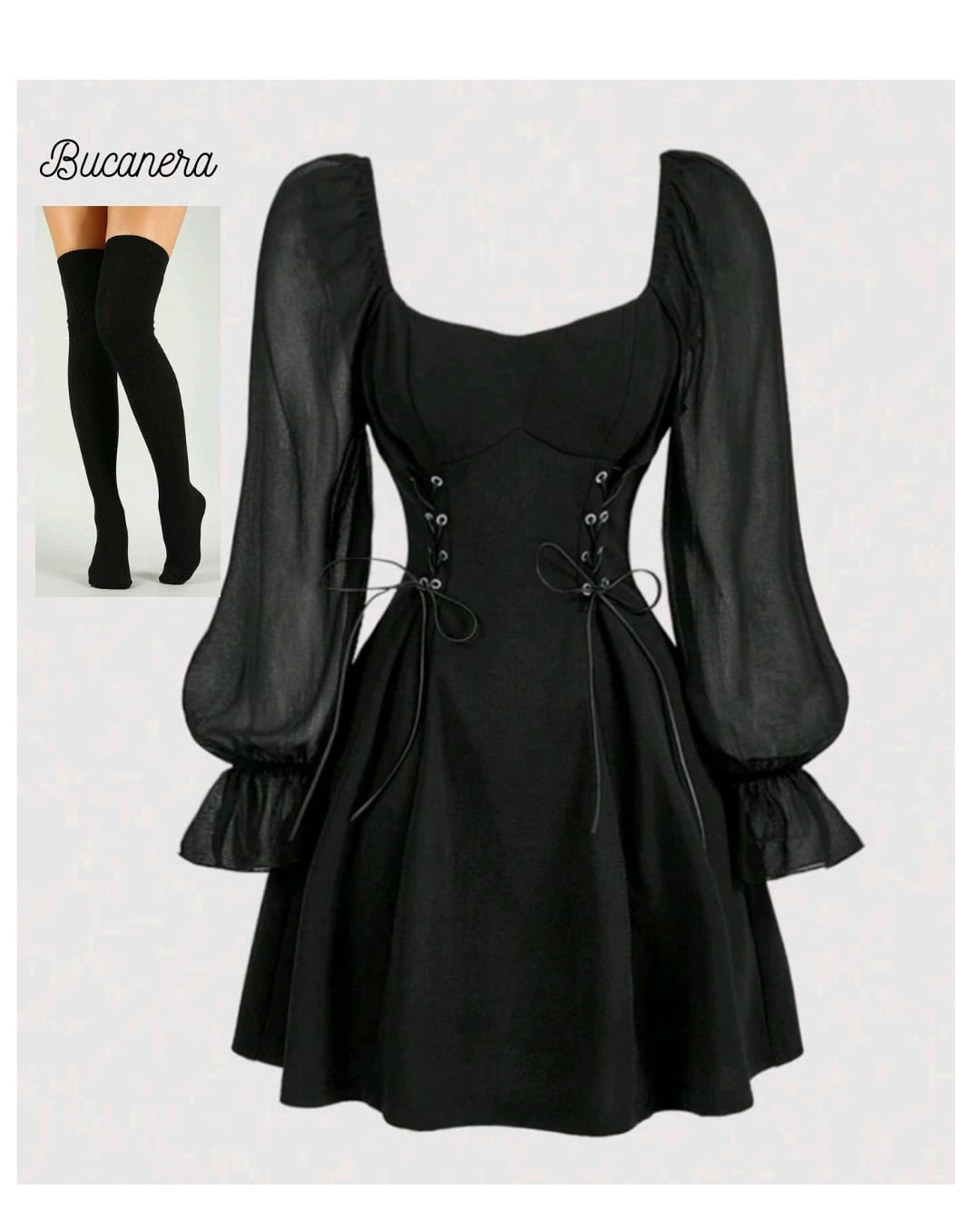 Vestidos Negro trenzado a los lados + Calceta Bucanera