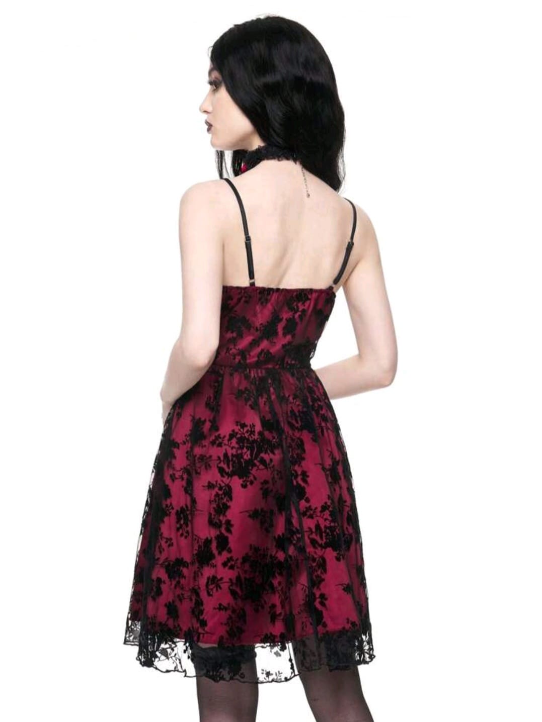 Vestido Vino Tinto y negro con Guantes de malla