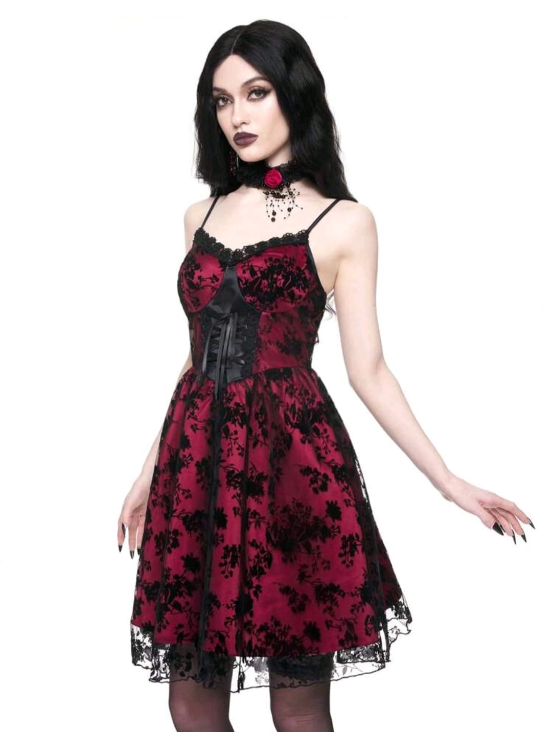 Vestido Vino Tinto y negro con Guantes de malla