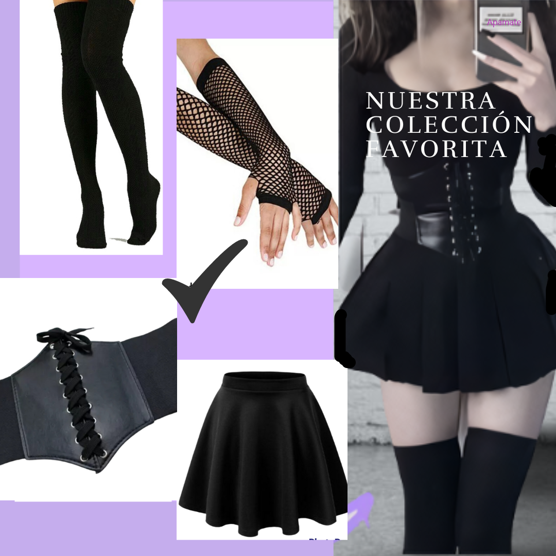 COMBO fada Negra Lisa,Guantes,corset cinturilla y una Calceta Bucanera; Elige tu Outfit