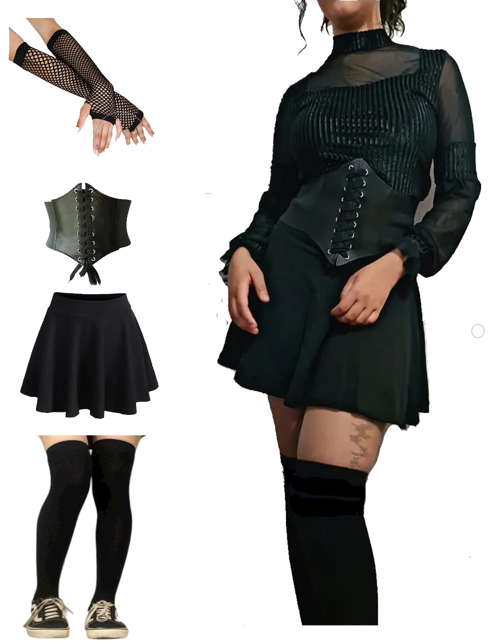 COMBO fada Negra Lisa,Guantes,corset cinturilla y una Calceta Bucanera; Elige tu Outfit