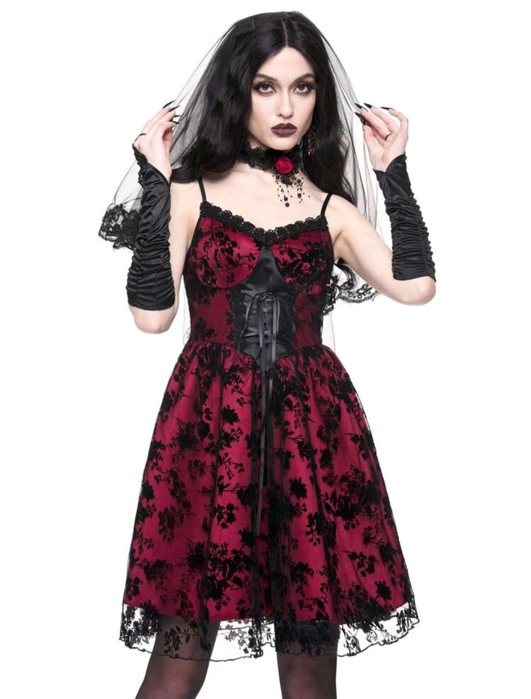 Vestido Vino Tinto y negro con Guantes de malla