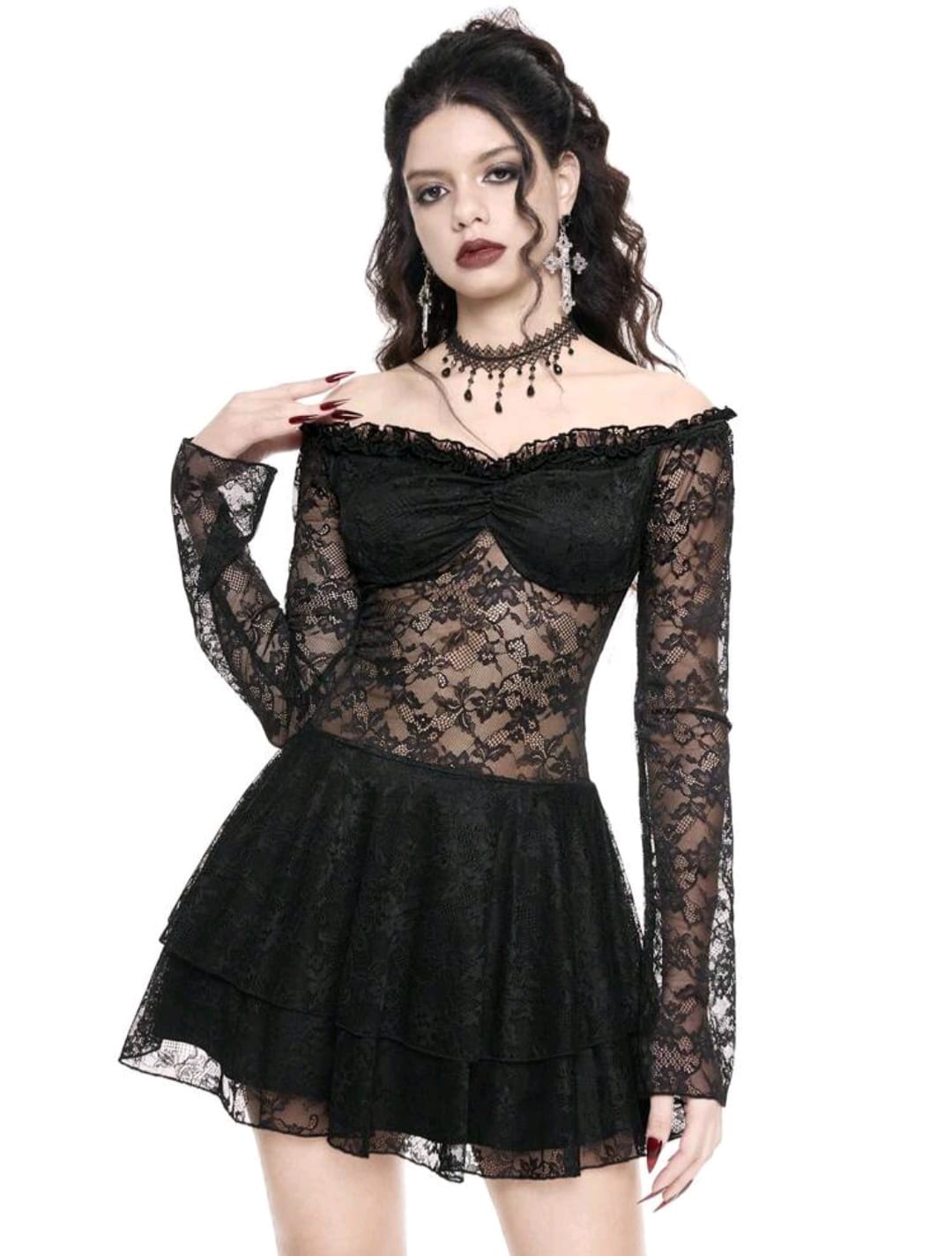 Vestido Gótico de encajes hombros descubierto espalda transparente + Calceta Bucanera