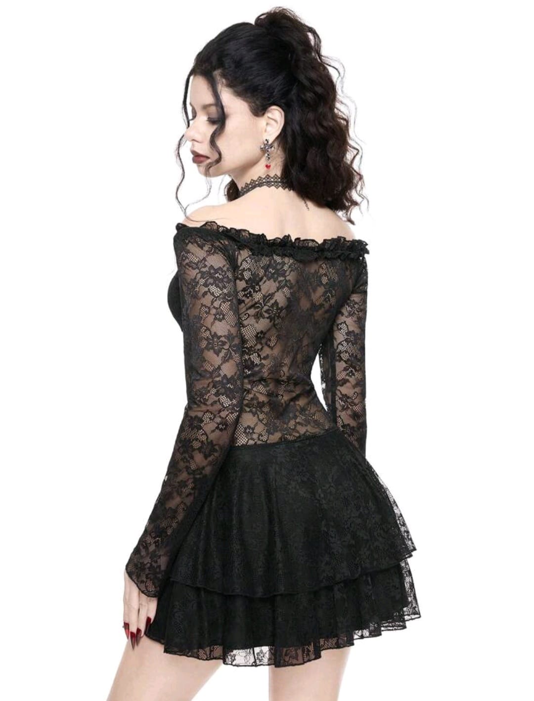Vestido Gótico de encajes hombros descubierto espalda transparente + Calceta Bucanera