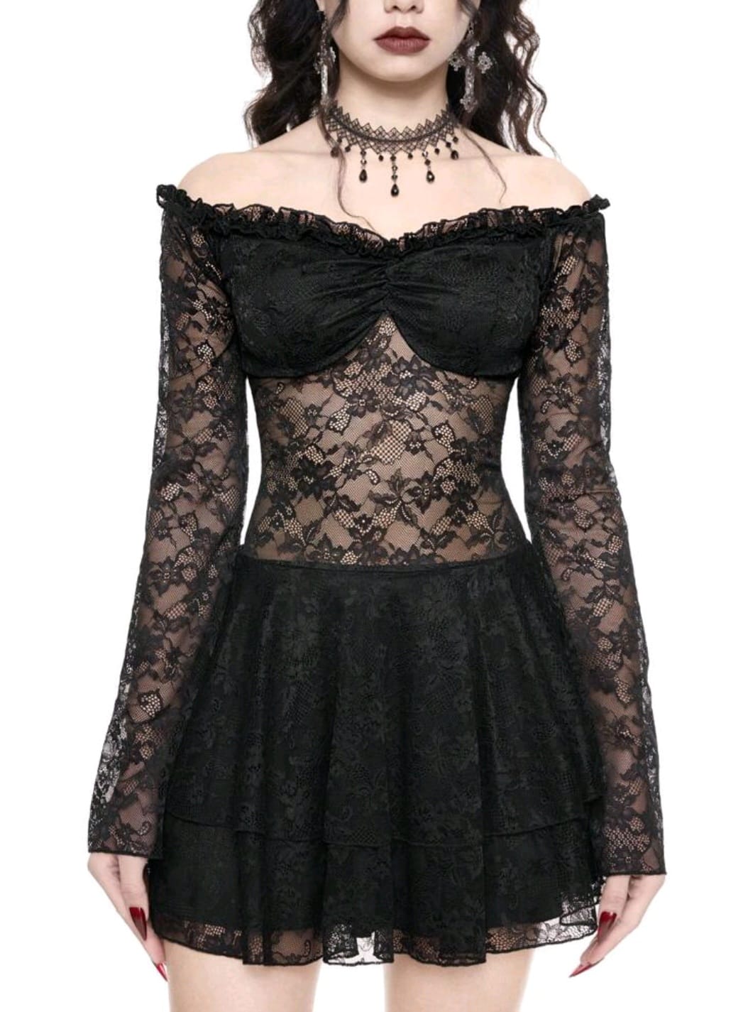 Vestido Gótico de encajes hombros descubierto espalda transparente + Calceta Bucanera