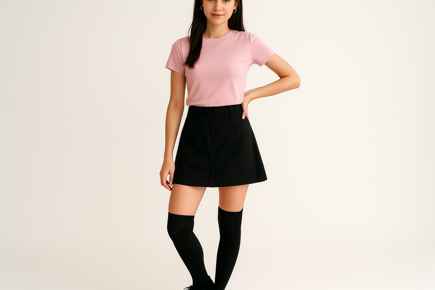 joven con vestimenta casual puede ser una falda negra y blusa blanca o rosa, la calceta es negra sobre la rodilla, 