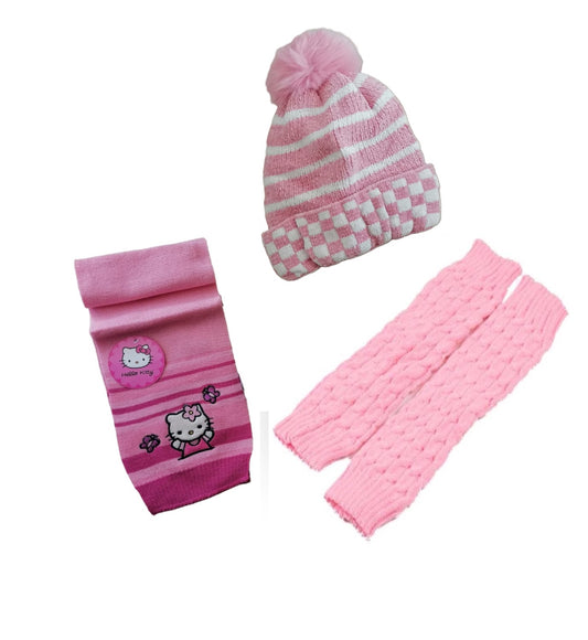 invierno pack rosa tres piezas, Gorro rosa, Bufanda, Polaina trenzada