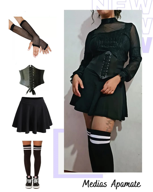 Pack Corset trenzado, Falda, Guante y Bucanera en negro ideal para outfit