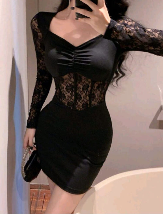 Vestido Negro Sexy de Transparencia y Encajes
